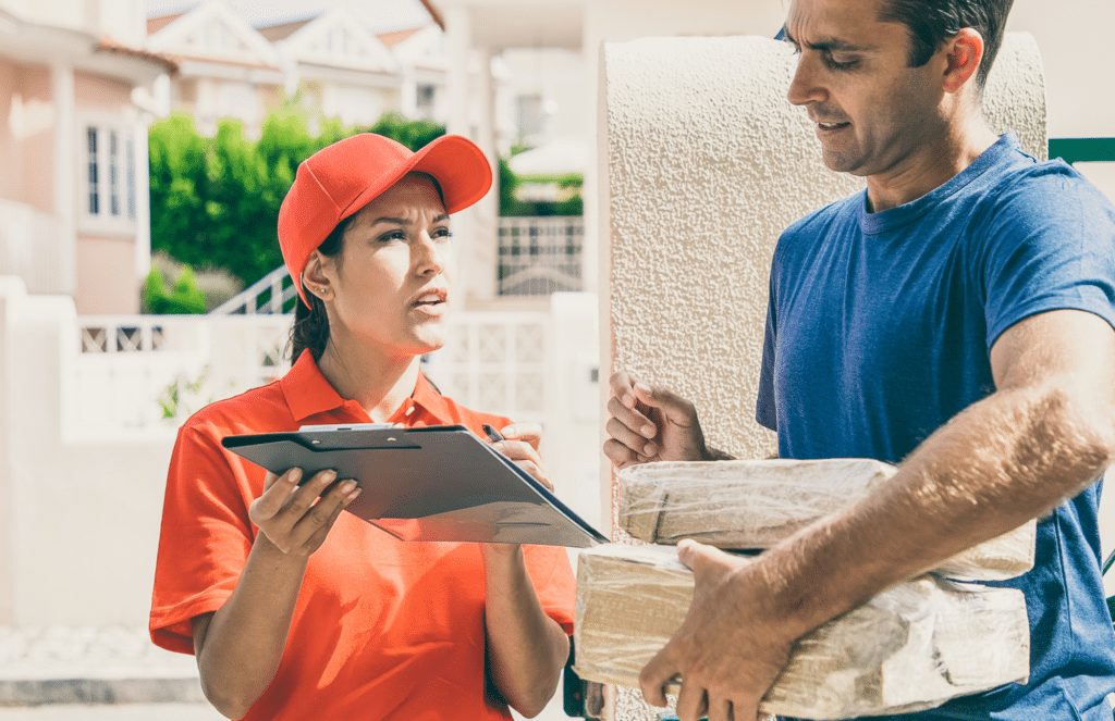 A postal worker in a red uniform speaking with a resident during a delivery, representing USPS and federal employees covered by GEHA dental at Smile More La Jolla in La Jolla, CA.